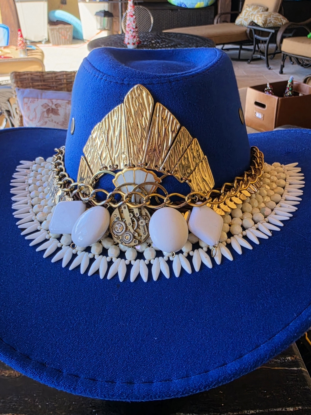 Blue Statement Hat with Gold & White Embellishments